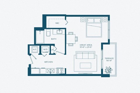 Floor plan for studio, 1 bath, 576 sqft